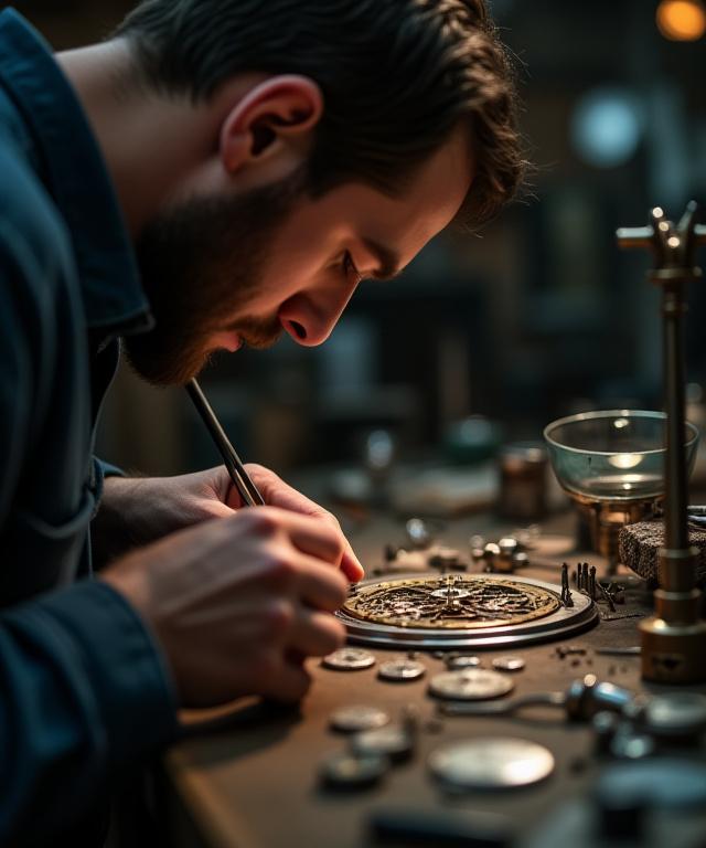 Un maestro orologiaio che lavora meticolosamente su un movimento di orologio vintage al suo banco da lavoro.